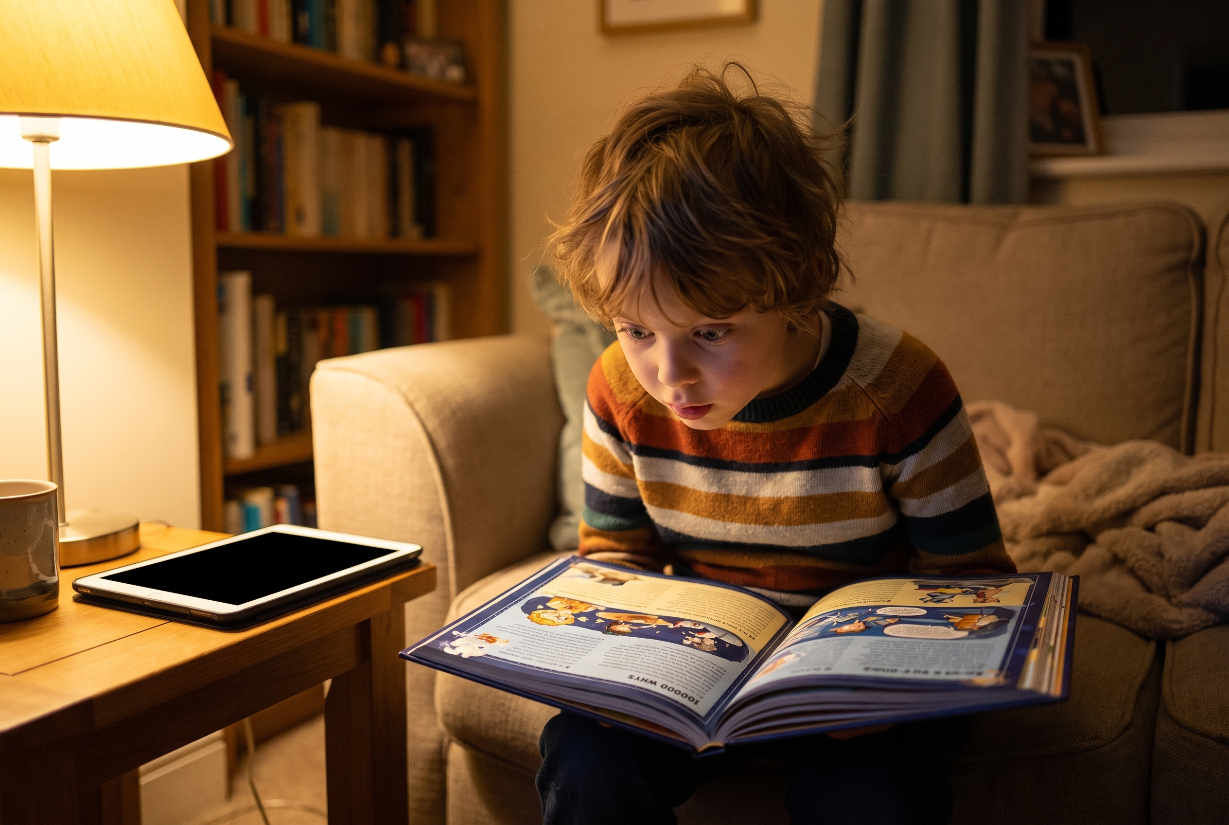 Child leaning into the open book in warm lamplight while a switched-off tablet sits ignored beside them