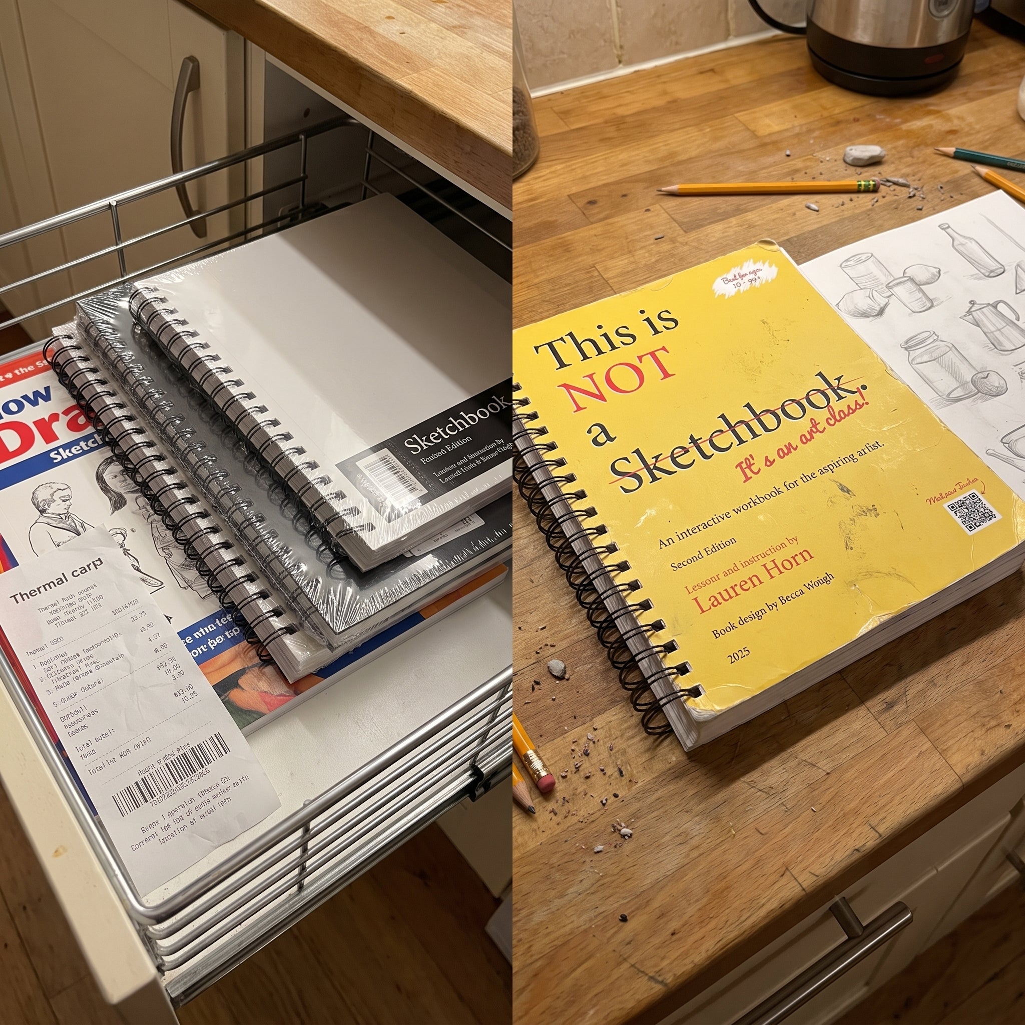 A kitchen drawer of unopened sketchbooks and a how-to-draw book with a receipt sticking out, beside one open, worn workbook with drawings on its pages.