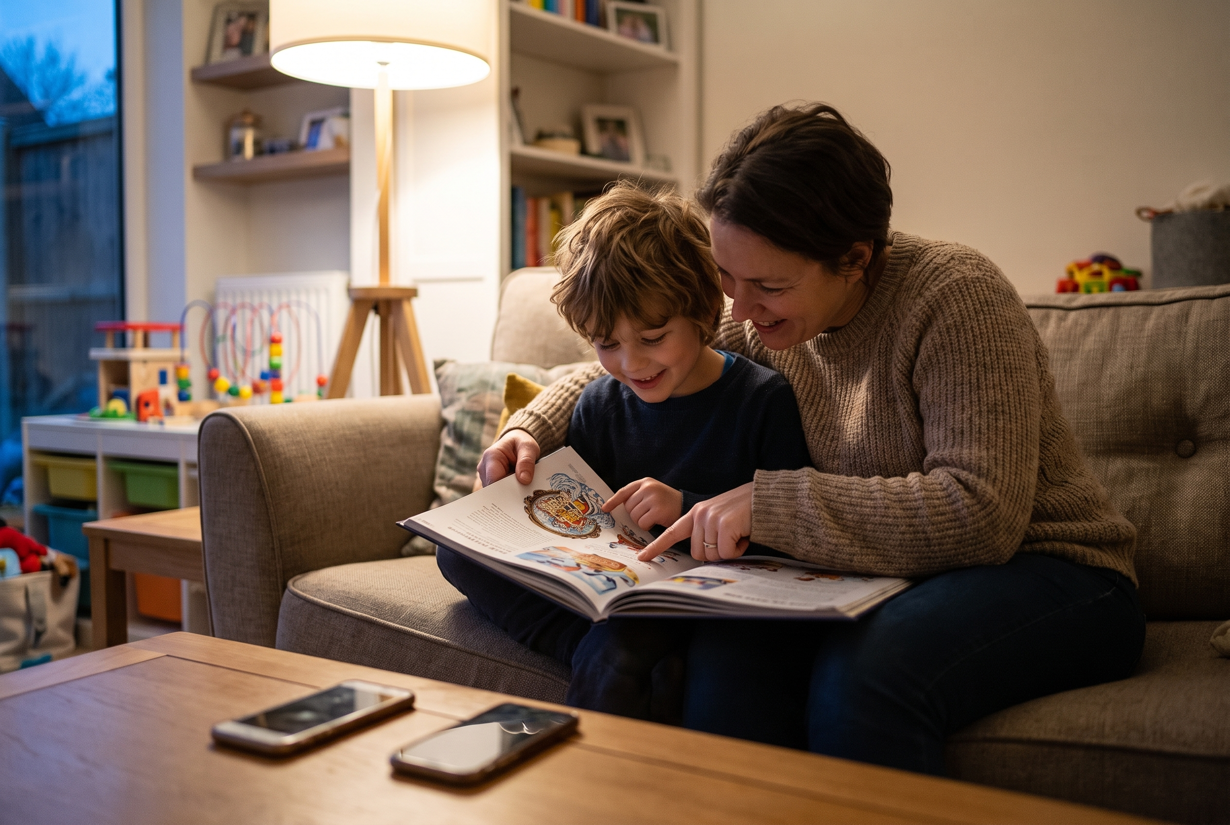 Parent and child on the sofa, both phones face-down on the table, the book open between them