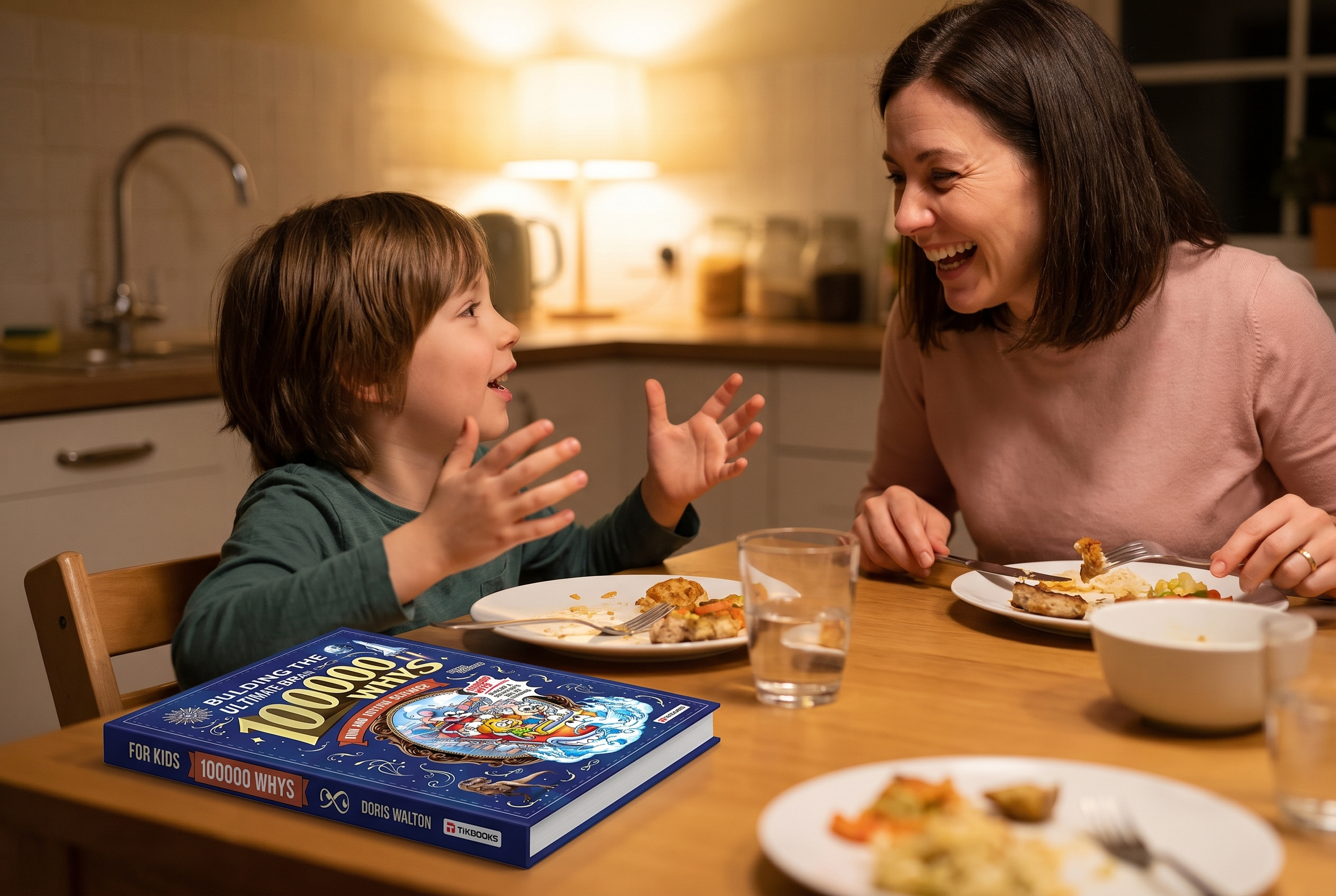 Child at dinner explaining a fact back to a delighted parent
