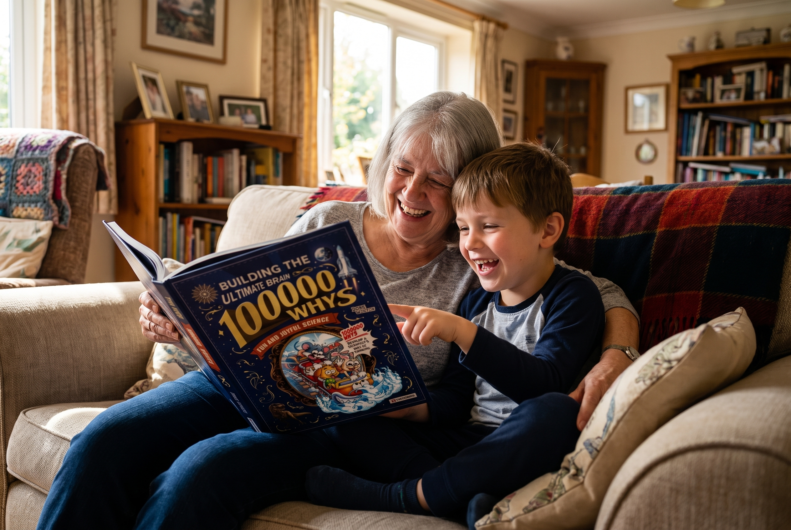 Grandparent and grandchild laughing over the open book