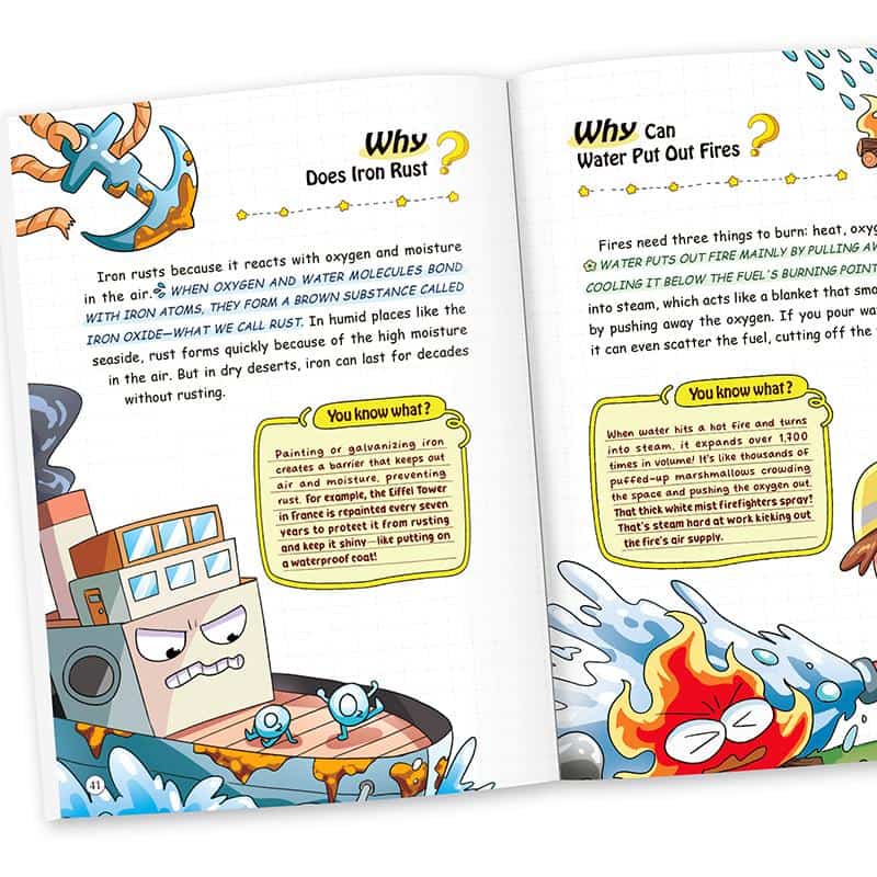 A real inside spread of 100,000 Whys — 'Why Does Iron Rust?' and 'Why Can Water Put Out Fires?'