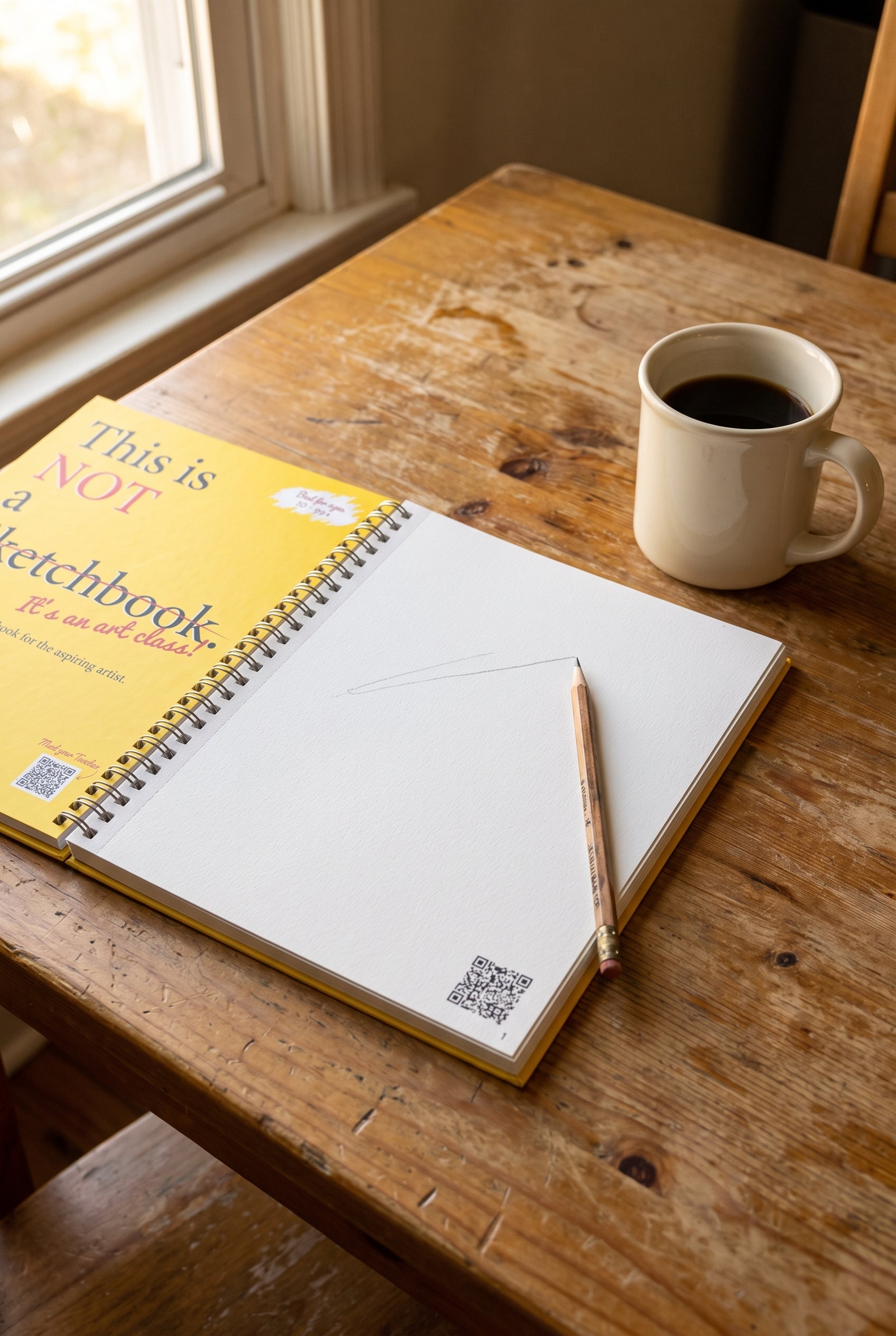 Spiral-bound art workbook open on a wooden kitchen table with a coffee mug, a first-stroke line and a QR code printed on the page, and a pencil resting on it.