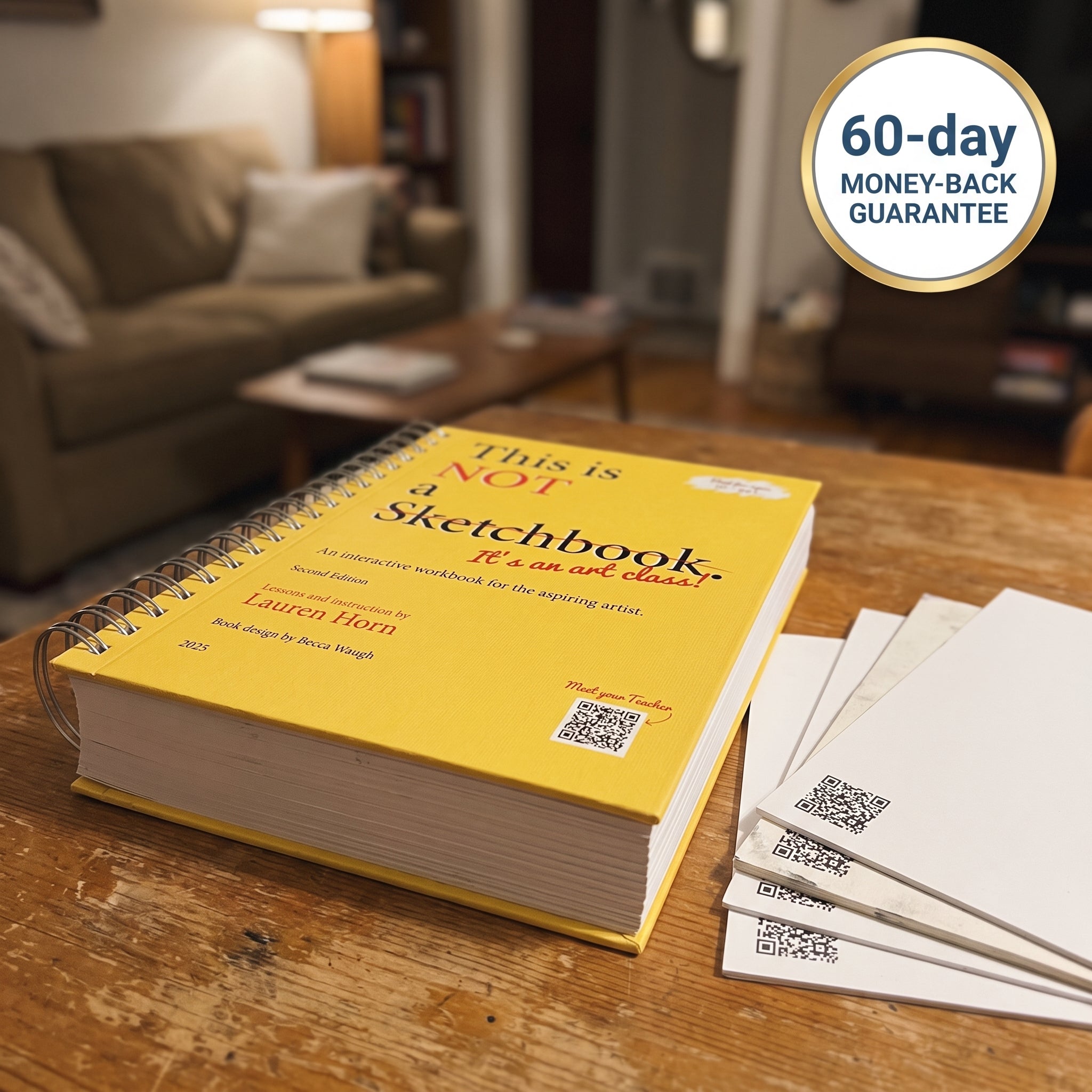 The spiral-bound workbook with its 100+ QR video lessons and a money-back guarantee badge, arranged as an offer bundle.