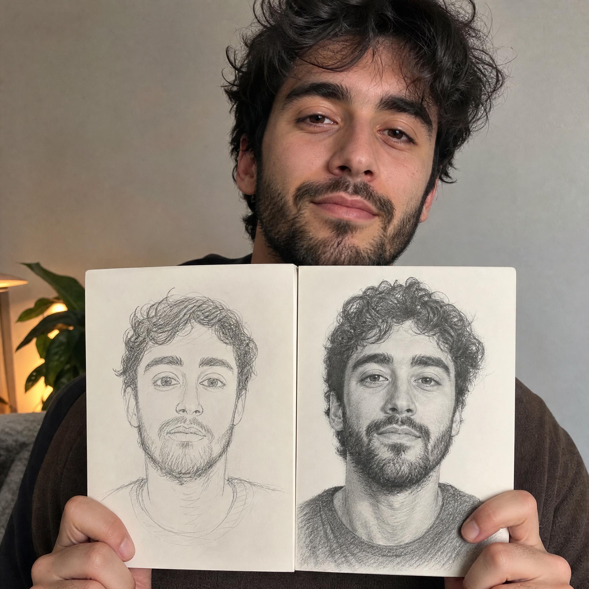 Two self-portraits side by side, a rough page-1 sketch and a finished page-100 portrait