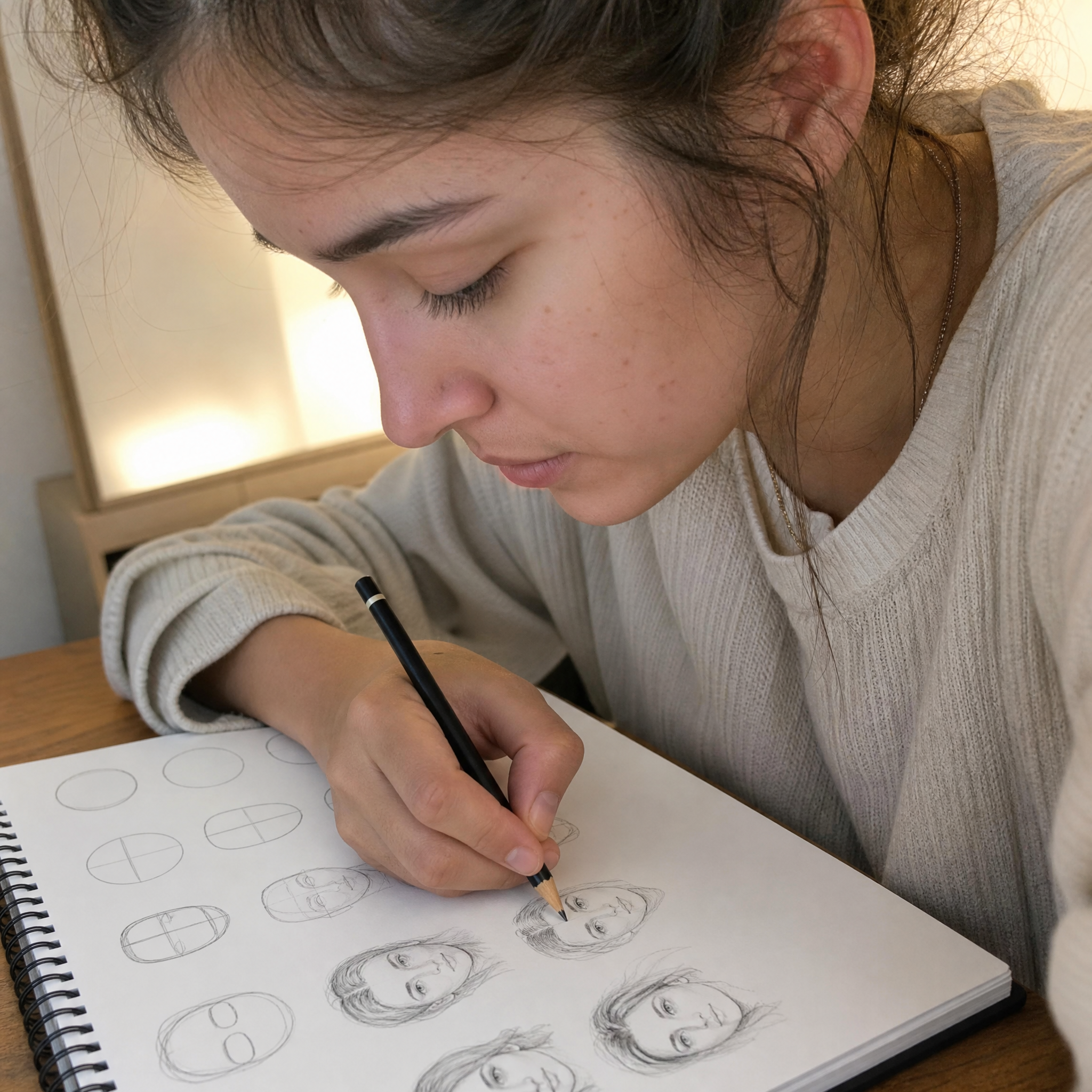 A beginner's hand practicing from basic shapes toward a realistic face
